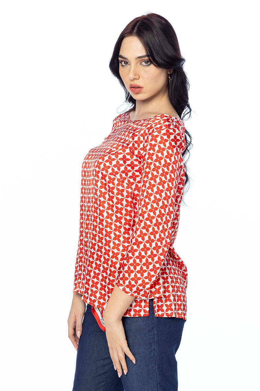 Blusa in Raso di Viscosa con Stampa Geometrica
