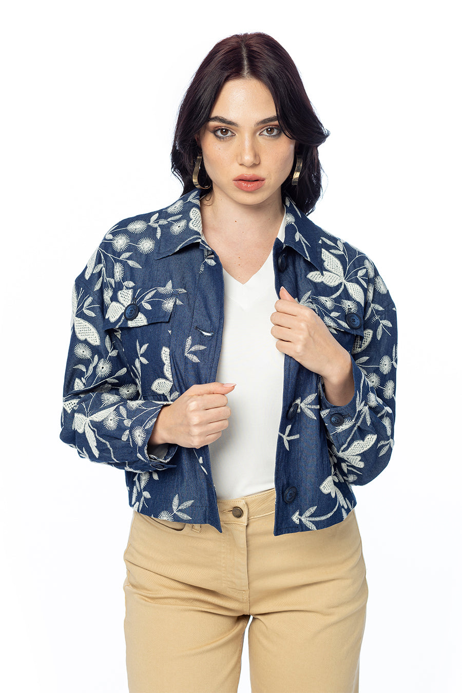 Giacca Cropped Libellula in Denim Ricamato