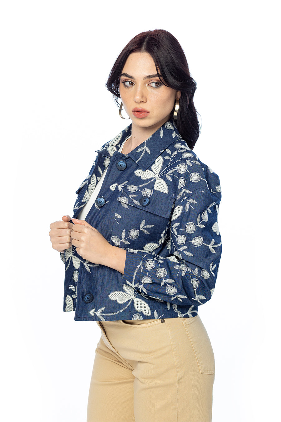 Giacca Cropped Libellula in Denim Ricamato