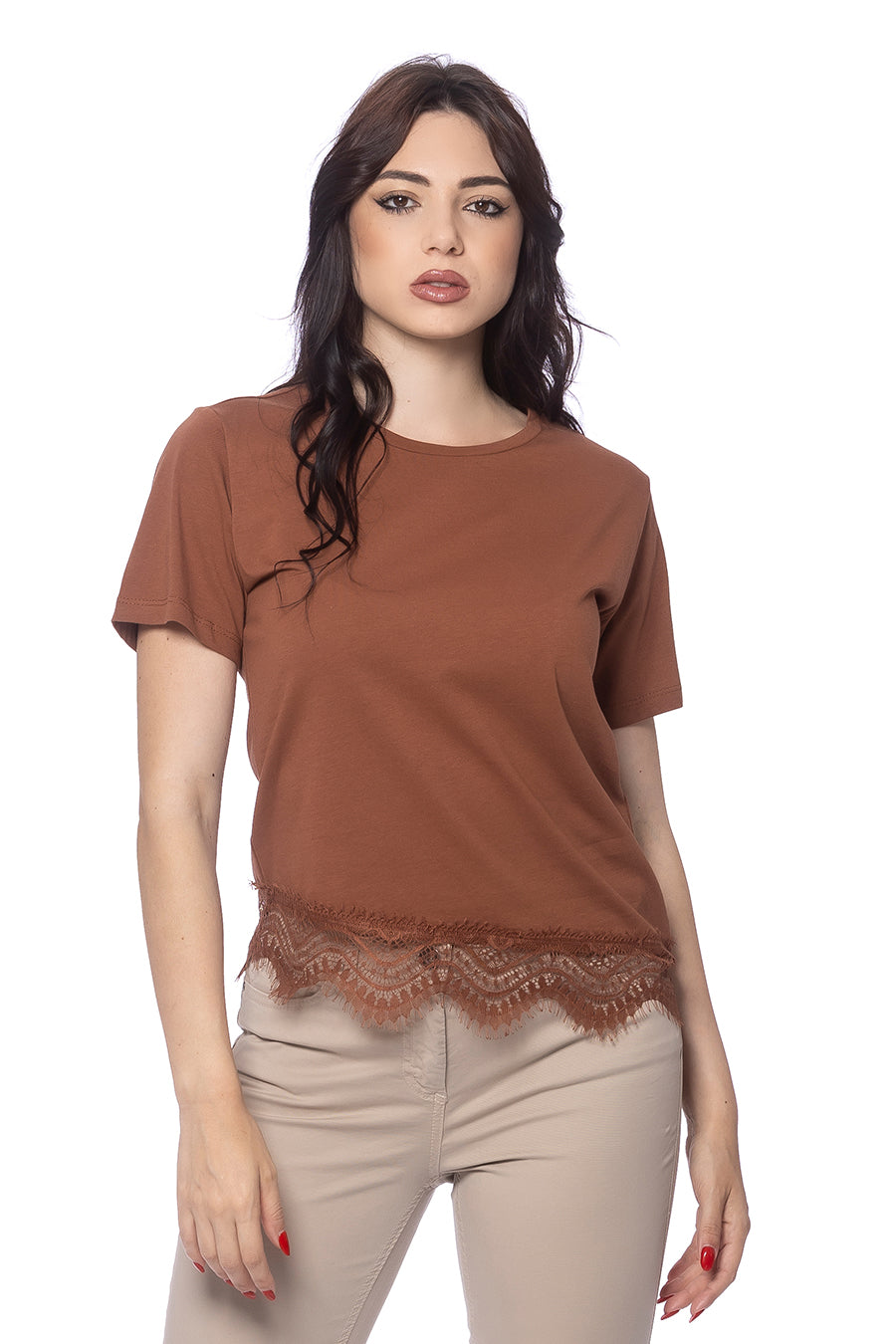 T-shirt Asimmetrica con Inserto in Pizzo