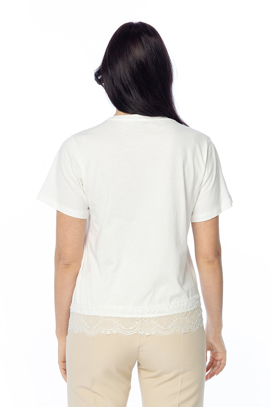 T-shirt Asimmetrica con Inserto in Pizzo
