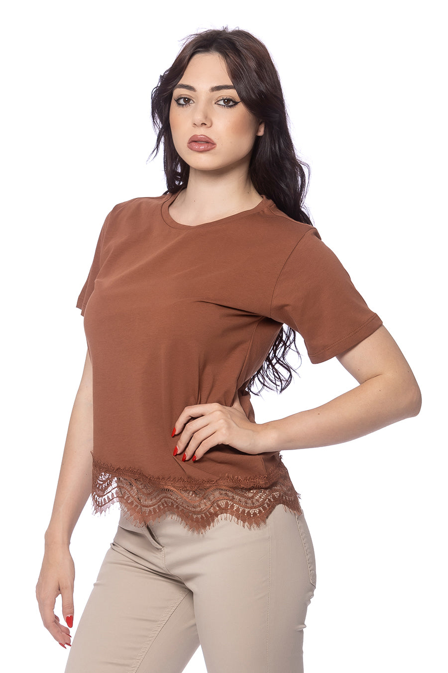 T-shirt Asimmetrica con Inserto in Pizzo