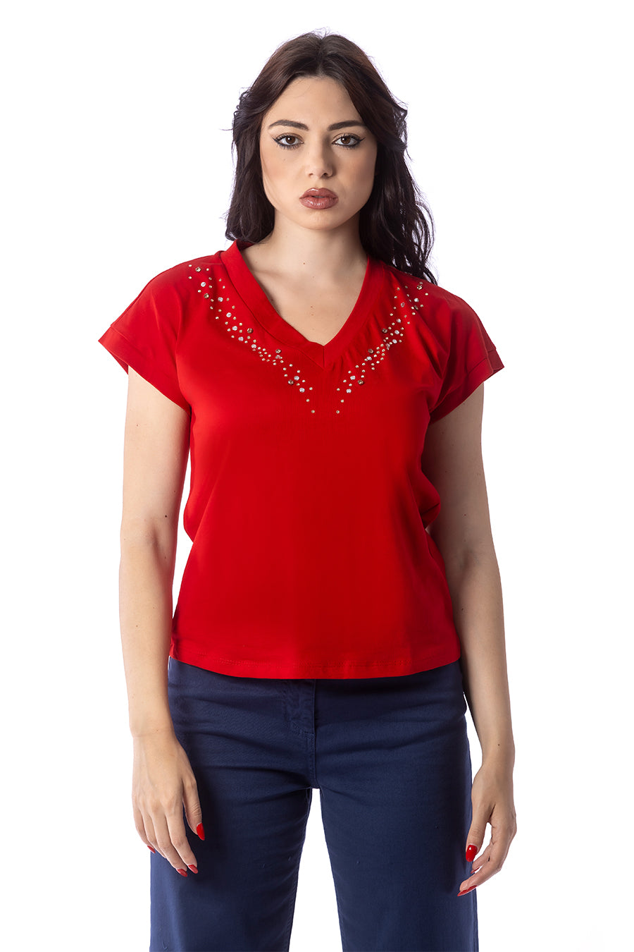 T-shirt in Jersey di Viscosa con Scollo a V – Manica Corta