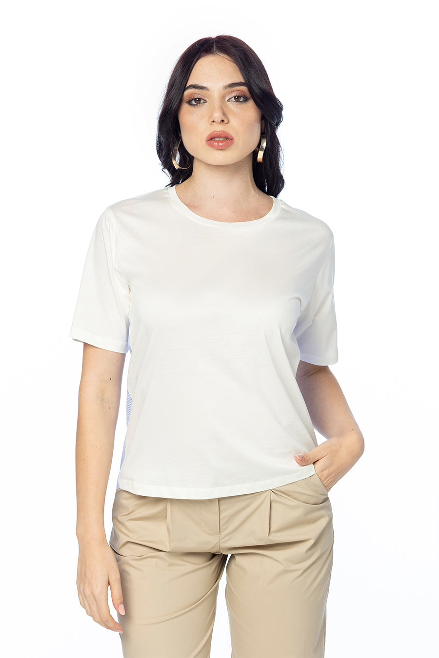 CANNELLA - T-shirt in Cotone con Inserto in Popeline