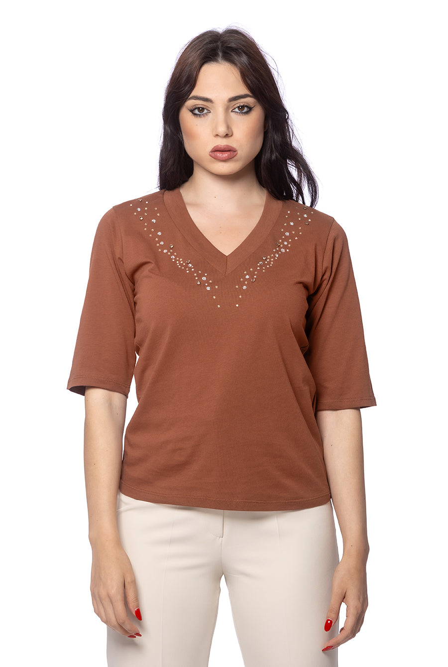 T-shirt in Jersey di Viscosa con Scollo a V – Manica al Gomito