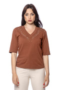 T-shirt in Jersey di Viscosa con Scollo a V – Manica al Gomito